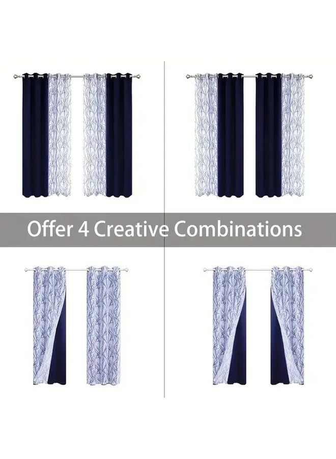 Navy Blue Blackout Curtains 37x84 Inches Iron Rings Light Blocking Indoor - Image 2